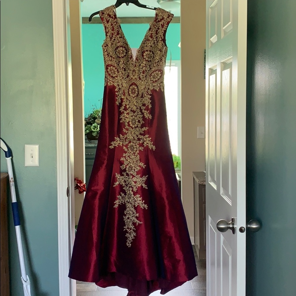 Maroon prom dress with gold